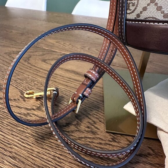 NWT! NEW Tory Burch T Monogram Jacquard Mini Bucket Bag -Tan -leather trim - Picture 4 of 14